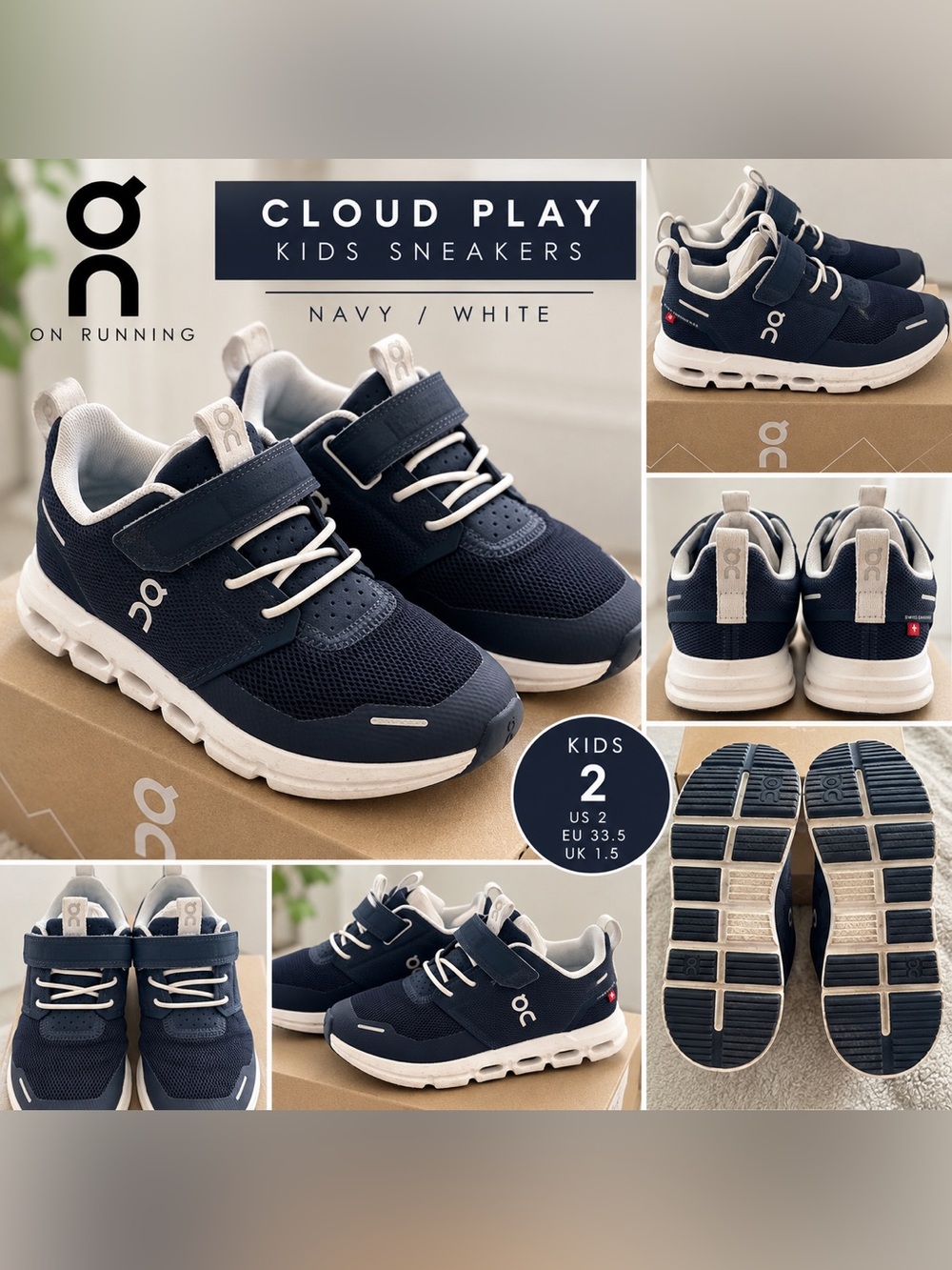 On Running Kids' Navy and White Velcro Mesh Sneakers